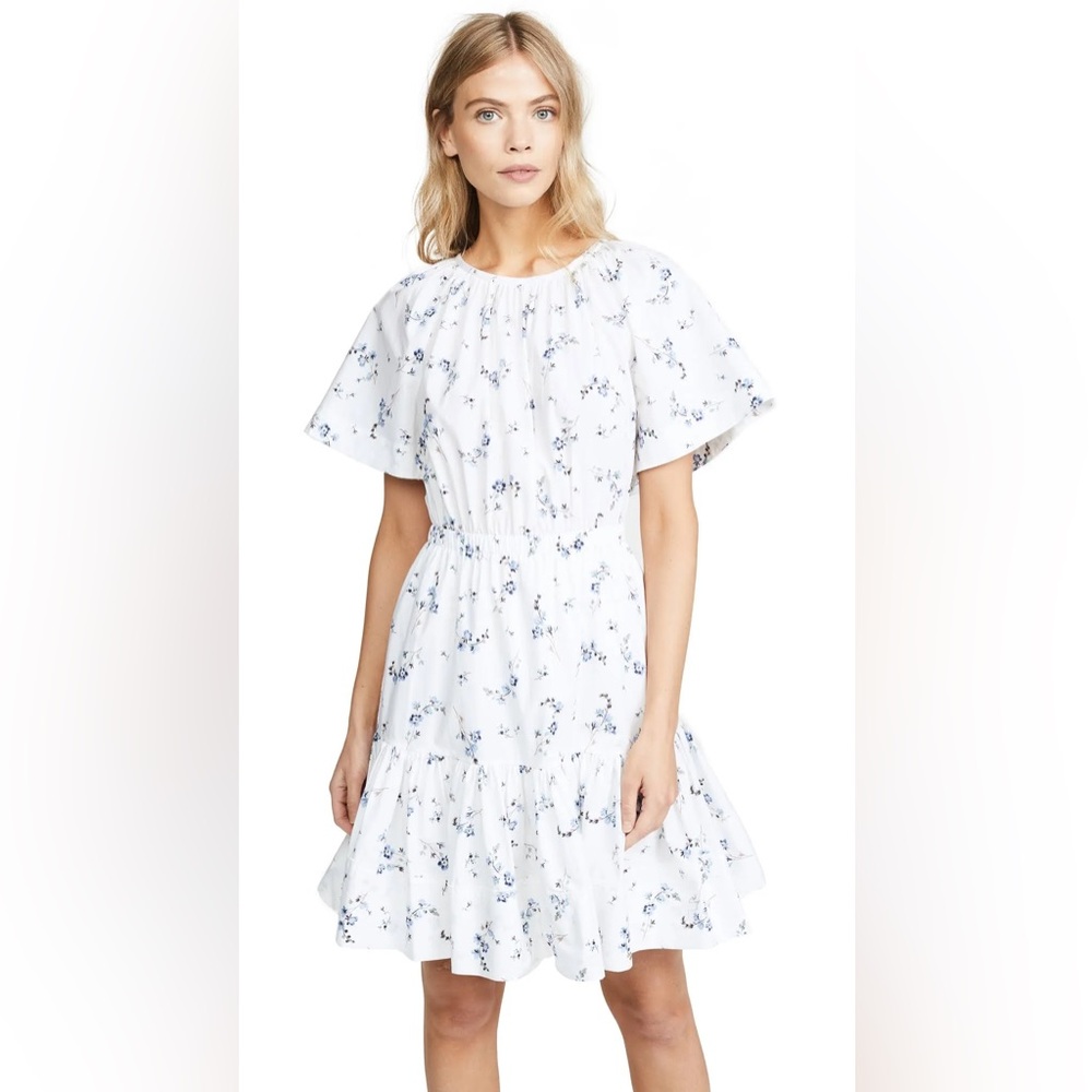 Rebecca Taylor Francine Floral Poplin Dress White Tiered Short Sleeve Size 4